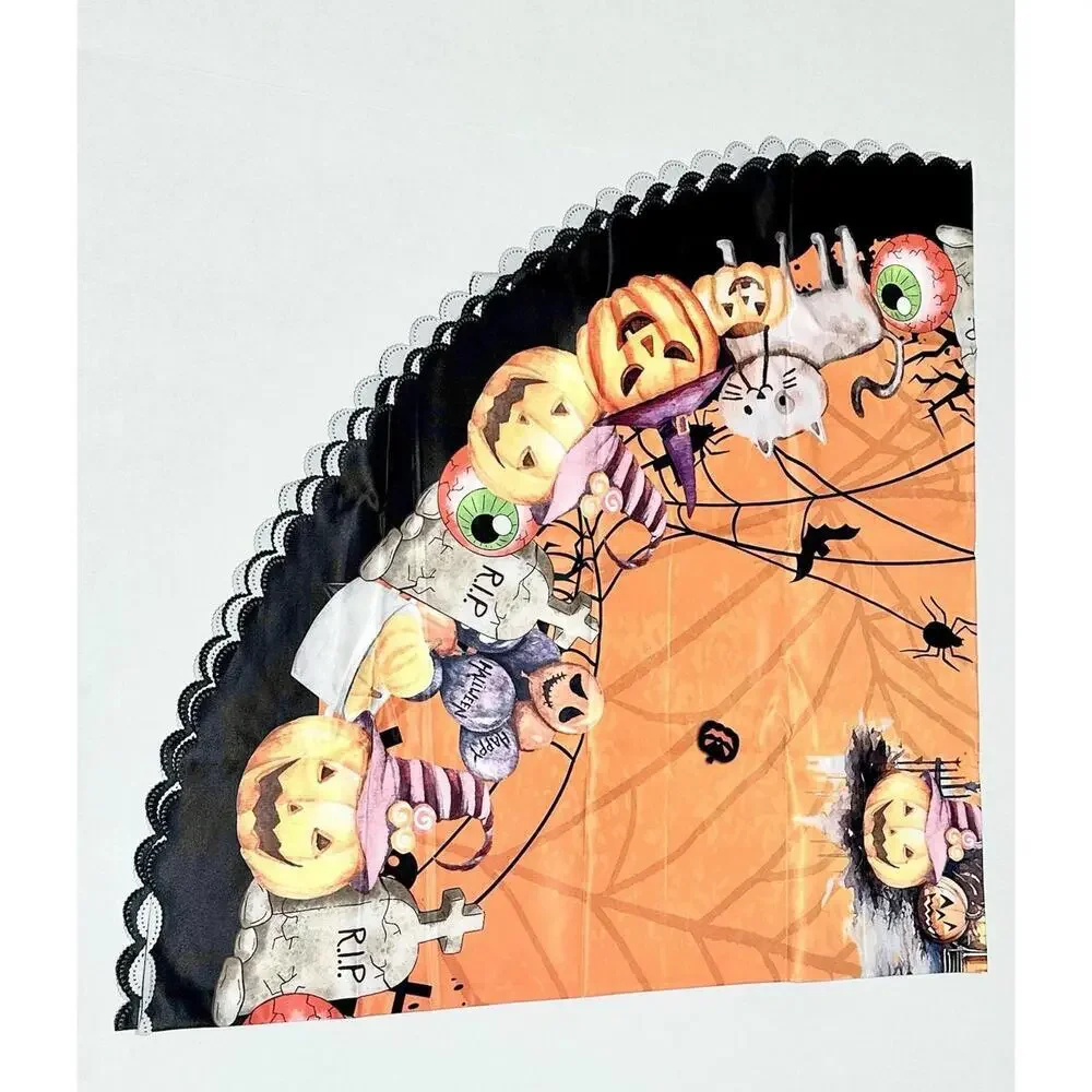 NEW Round Tablecloth Halloween Theme Orange Black Lining Pumpkins Spiders Bats